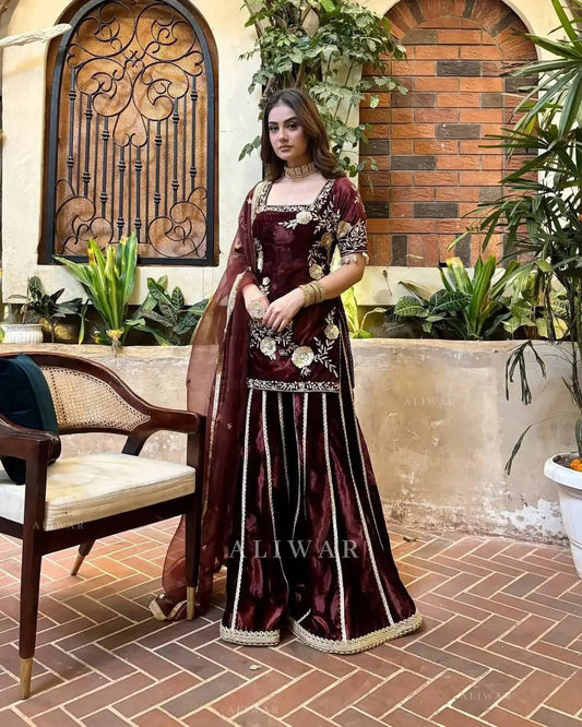 Pure Viscos Heavy Velvet Embroidery Work Velvet Kurti Sharara Set - Premium  from Ethenika.com  - Just INR 4590! Shop now at Ethenika.com 