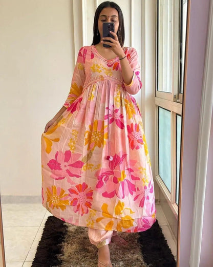 Floral Digital Print Lace embroidery work Afghani Kurti Pant Set - Premium  from Ethenika.com - Just INR 2290! Shop now at Ethenika.com 