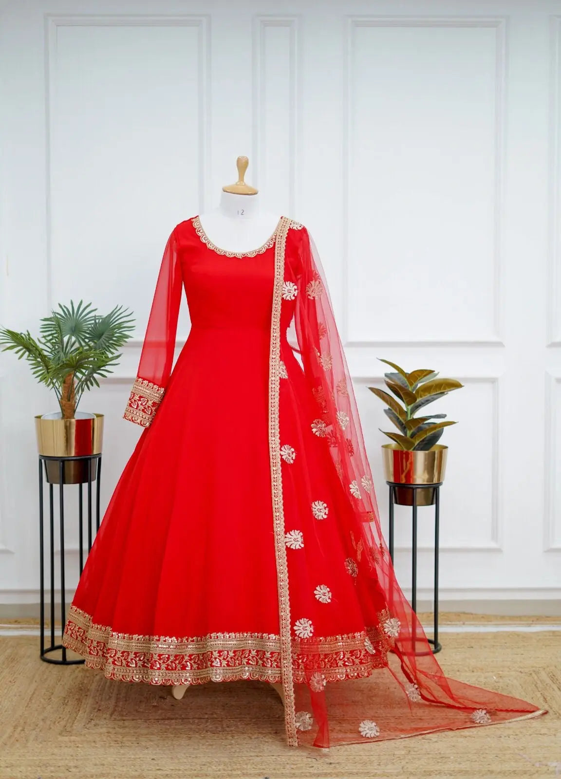 Elegant Red Gown Dupatta set for Karwachauth (Stitched) - Premium  from Ethenika.com - Just INR 2990! Shop now at Ethenika.com 