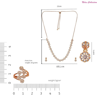 Gift Rose Gold Plated American Diamond Necklace Set with Earrings & Ring for Women & girls