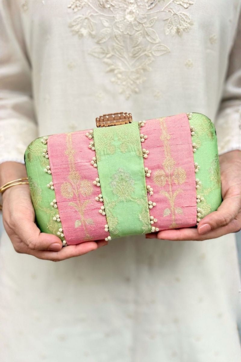 Alekha Pearl Embellished Silk Clutch - Pastel Pink & Green