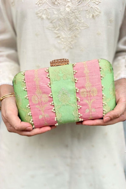 Alekha Pearl Embellished Silk Clutch - Pastel Pink & Green