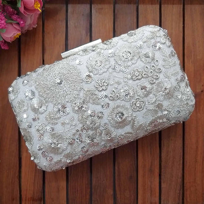 AMYRA - Silver Embroidered Box Clutch