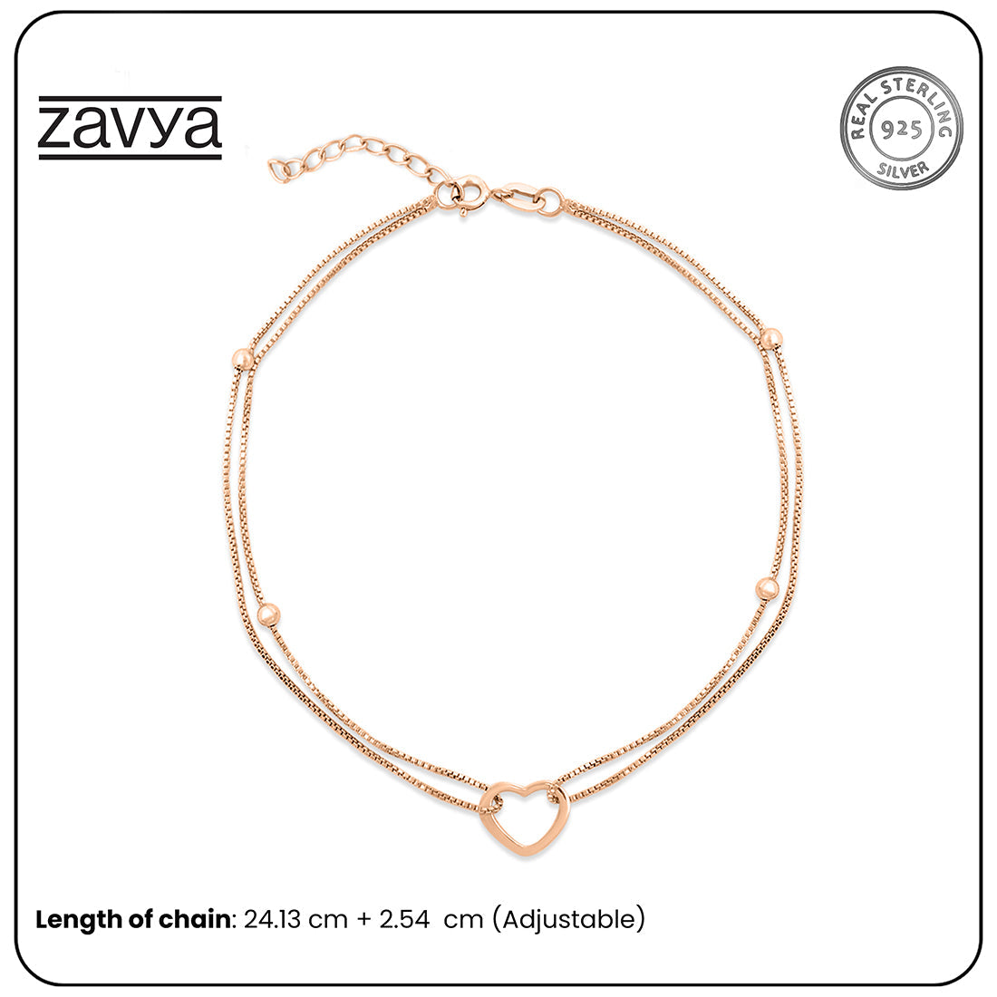 Dainty 925 Sterling Silver double chain anklet for women with an open heart charm. Everyday jewelry – Zavya