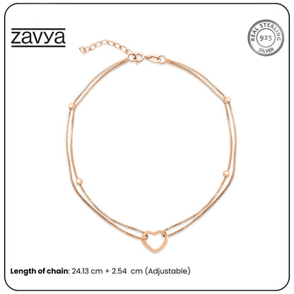 Dainty 925 Sterling Silver double chain anklet for women with an open heart charm. Everyday jewelry – Zavya
