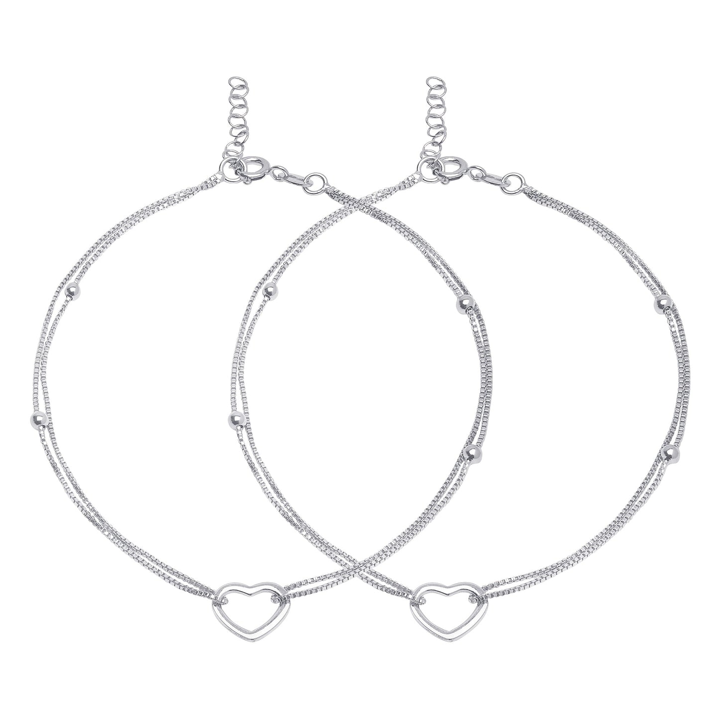 925 Sterling Silver women's anklet pair featuring beaded double chains and open heart charms – Zavya