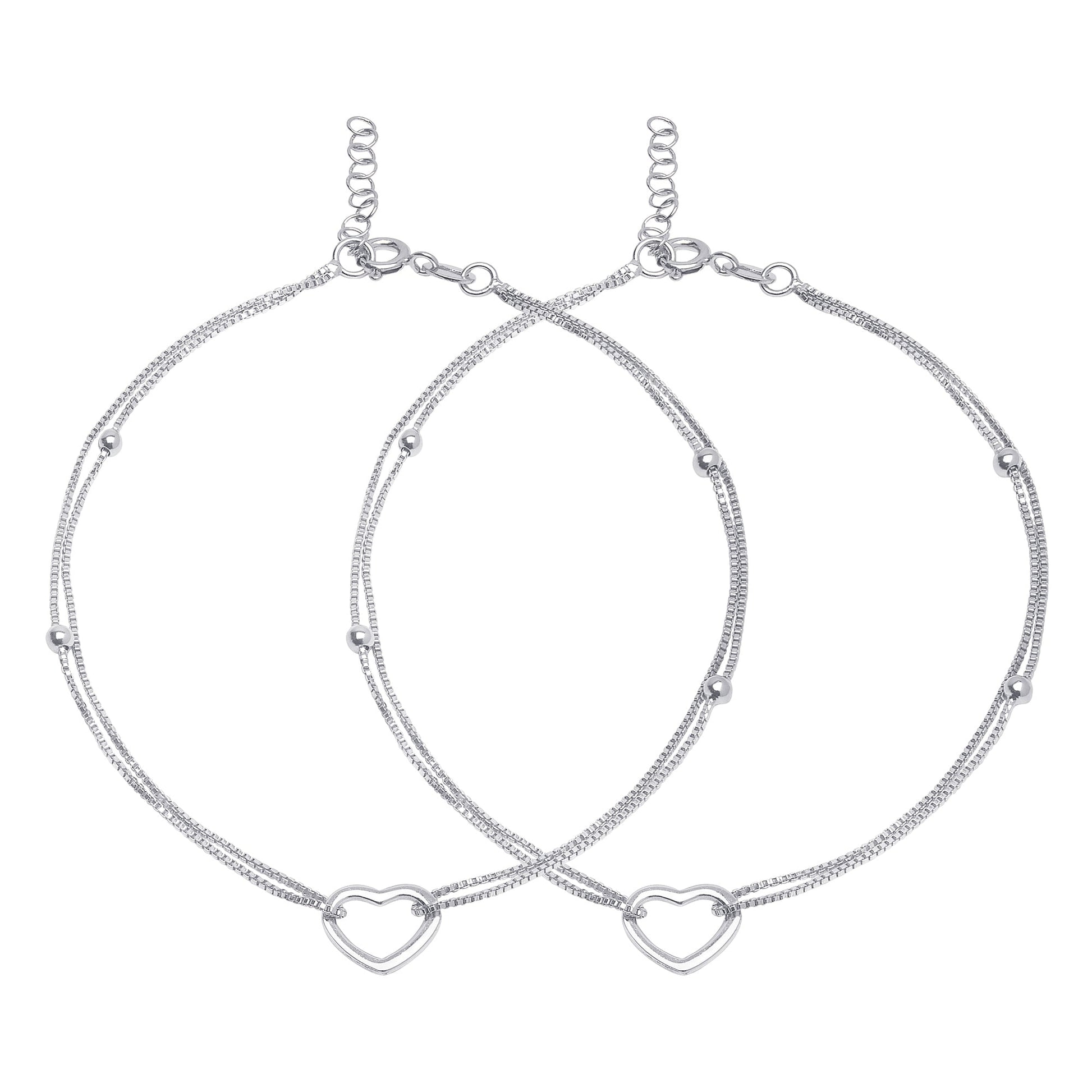 925 Sterling Silver women's anklet pair featuring beaded double chains and open heart charms – Zavya