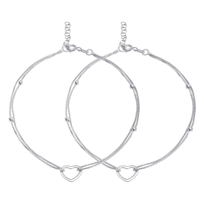 925 Sterling Silver women's anklet pair featuring beaded double chains and open heart charms – Zavya