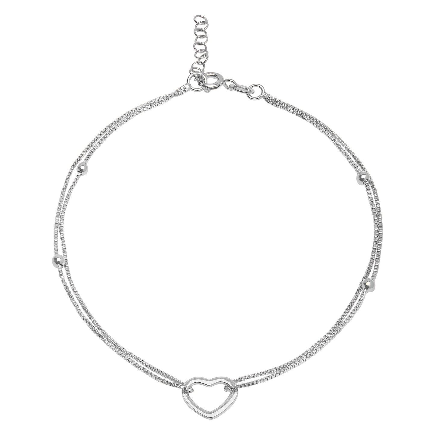Women's 925 Sterling Silver anklet with a layered double chain, bead accents, and open heart charm – Zavya