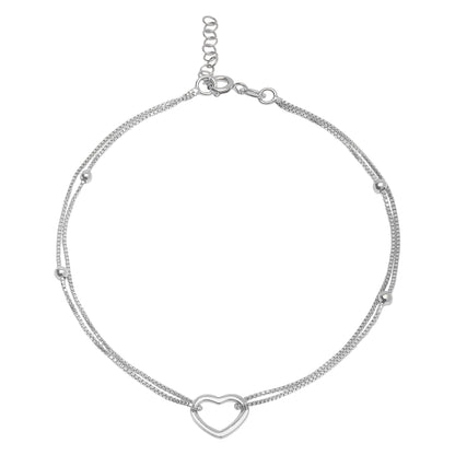 Women's 925 Sterling Silver anklet with a layered double chain, bead accents, and open heart charm – Zavya