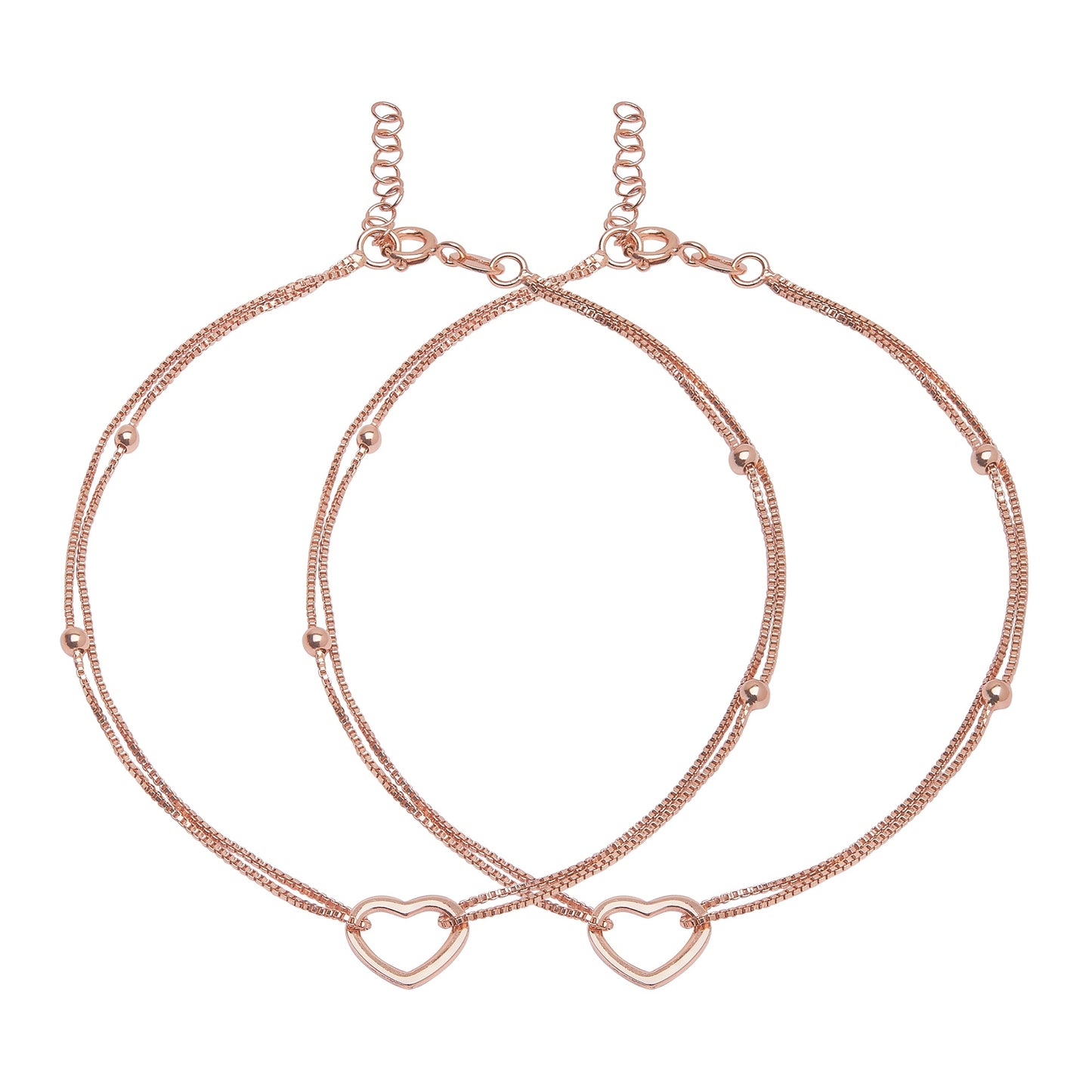 Dainty 925 Sterling Silver double chain anklets for women with small beads and open heart charms – Zavya