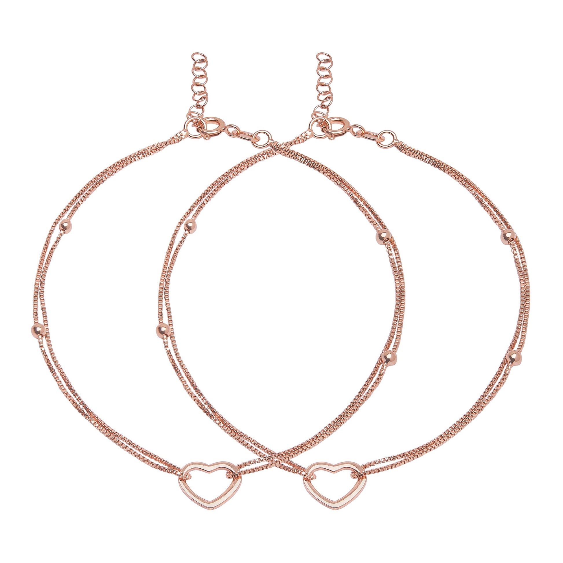 Dainty 925 Sterling Silver double chain anklets for women with small beads and open heart charms – Zavya