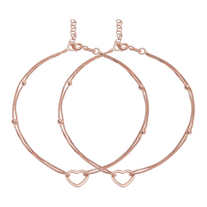 Dainty 925 Sterling Silver double chain anklets for women with small beads and open heart charms – Zavya