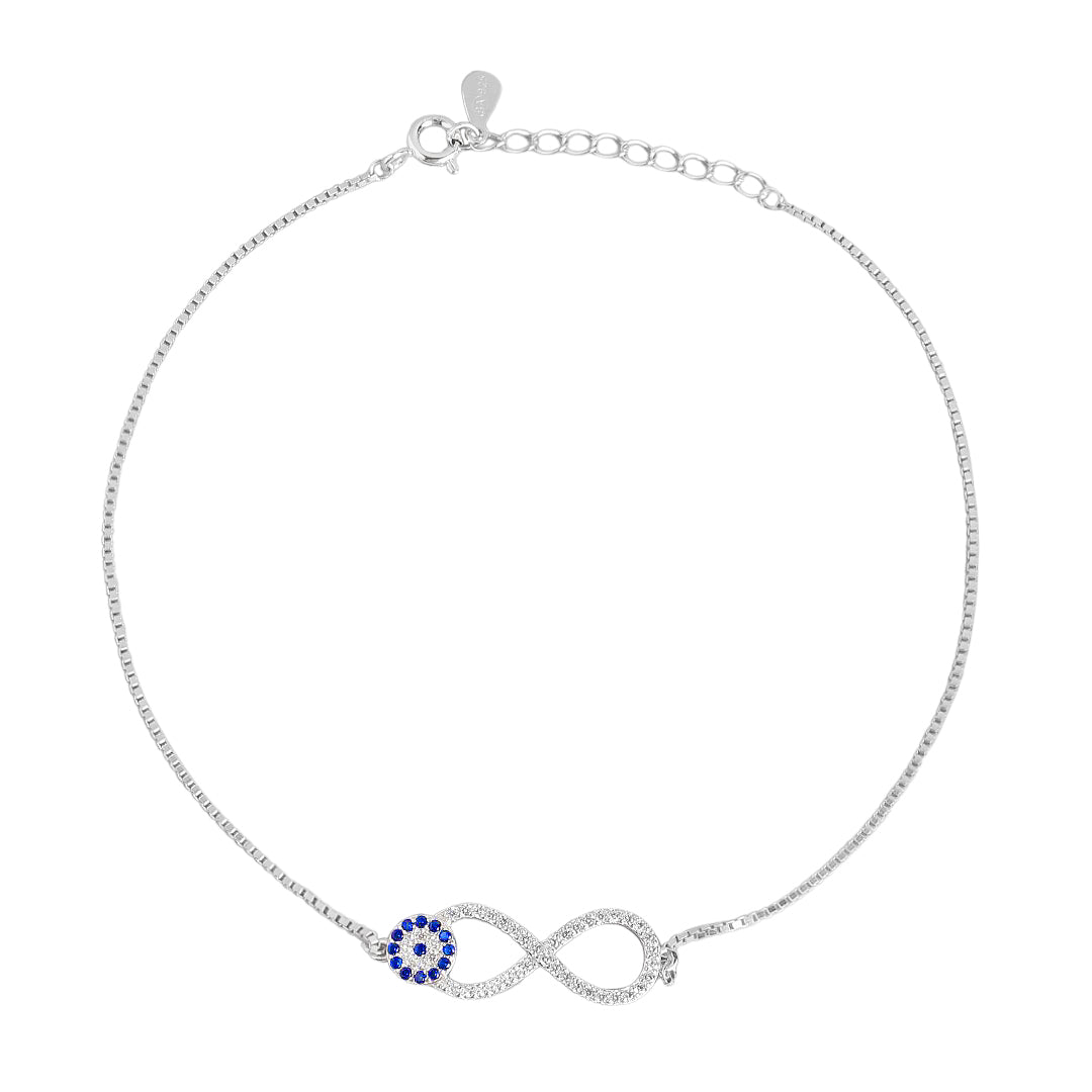 925 Sterling Silver infinity evil eye anklet for women featuring blue stones on a delicate chain – Zavya