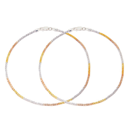 Two overlapping 925 Sterling Silver triple tone weave anklets. Women's fine jewellery. – Zavya