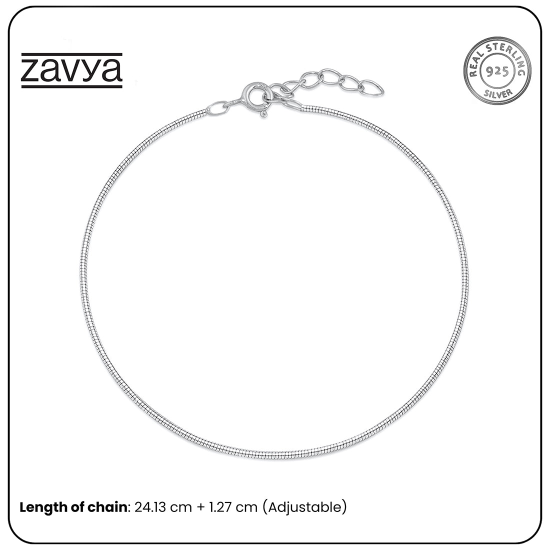 Minimalist 925 Sterling Silver snake chain anklet for women. Adjustable everyday jewellery – Zavya