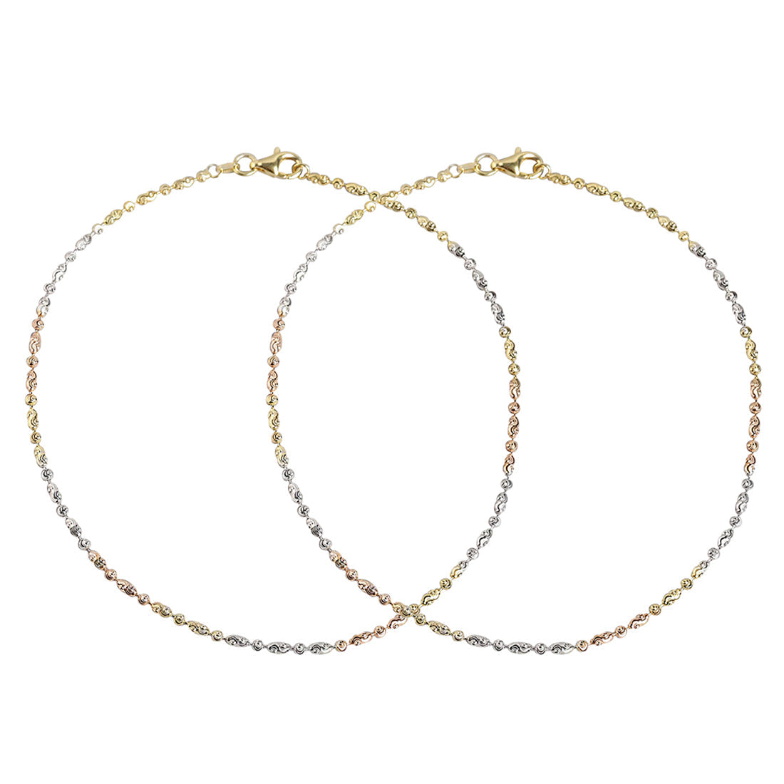 Two overlapping woven triple tone 925 Sterling Silver chain anklets. Delicate fine jewellery for women. – Zavya