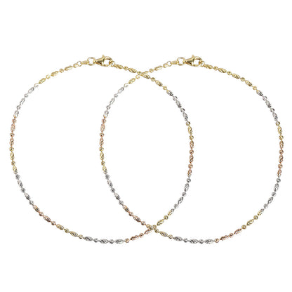 Two overlapping woven triple tone 925 Sterling Silver chain anklets. Delicate fine jewellery for women. – Zavya