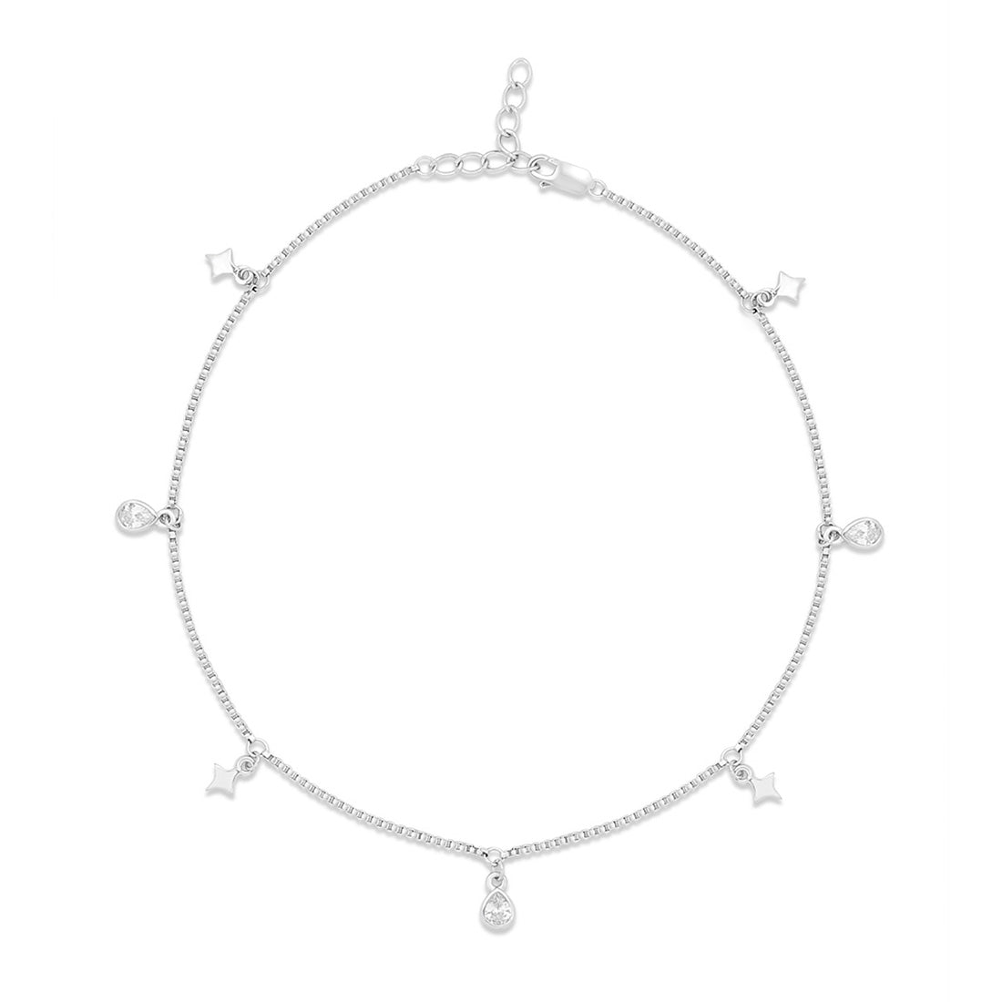 Star CZ Charms Rhodium Plated 925 Sterling Silver Anklet