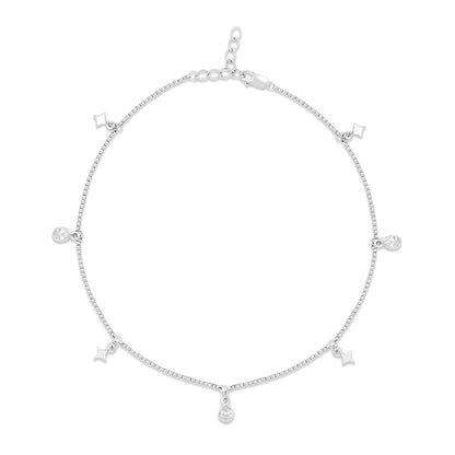 Star CZ Charms Rhodium Plated 925 Sterling Silver Anklet