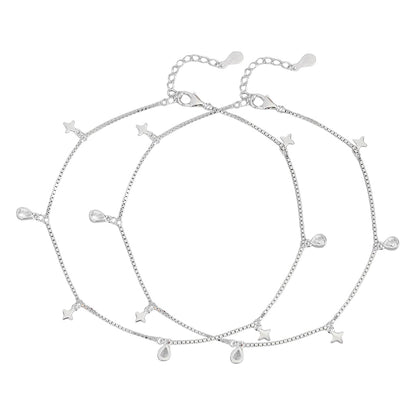 Star CZ Charms Rhodium Plated 925 Sterling Silver Anklet