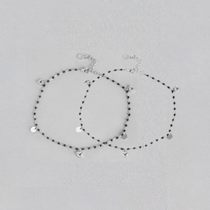 Black Beads with Heart Charms 925 Sterling Silver Anklet