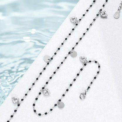 Black Beads with Heart Charms 925 Sterling Silver Anklet