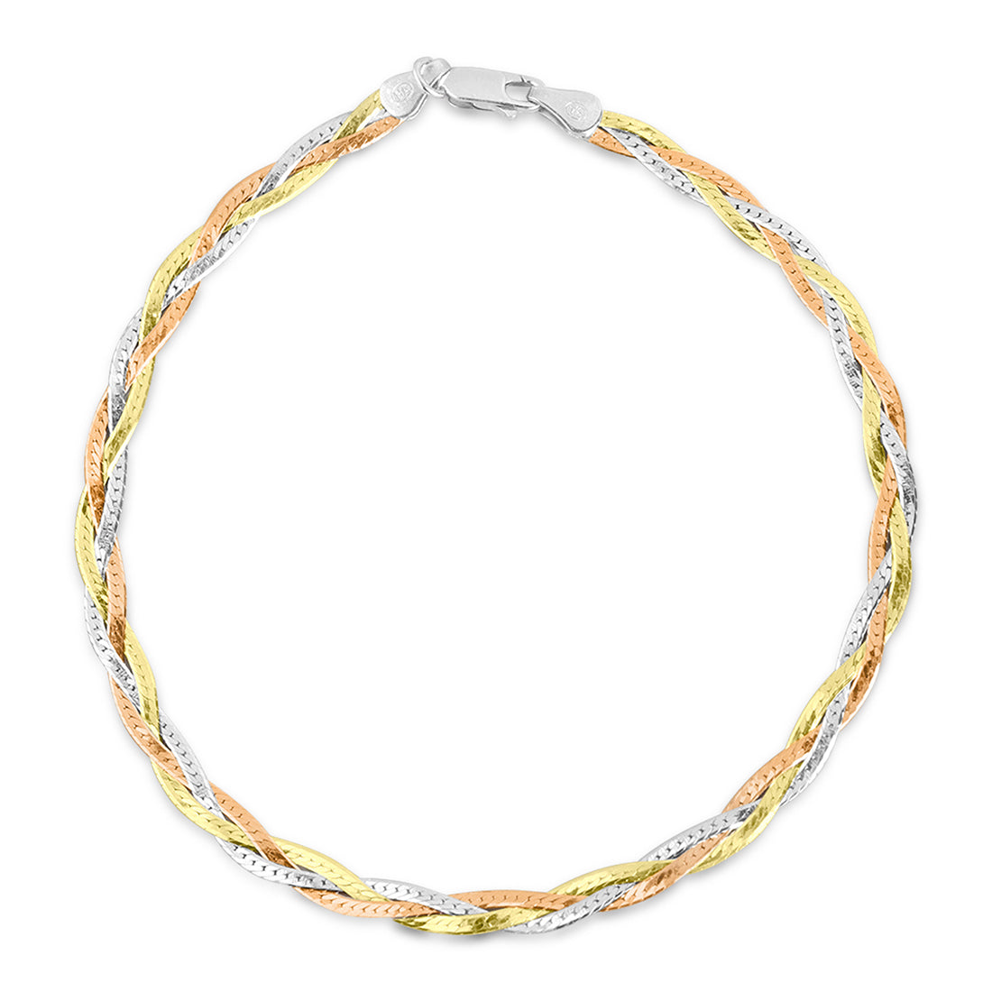 Braided triple tone 925 Sterling Silver anklet for women. Woven silver, gold & rose gold jewellery – Zavya