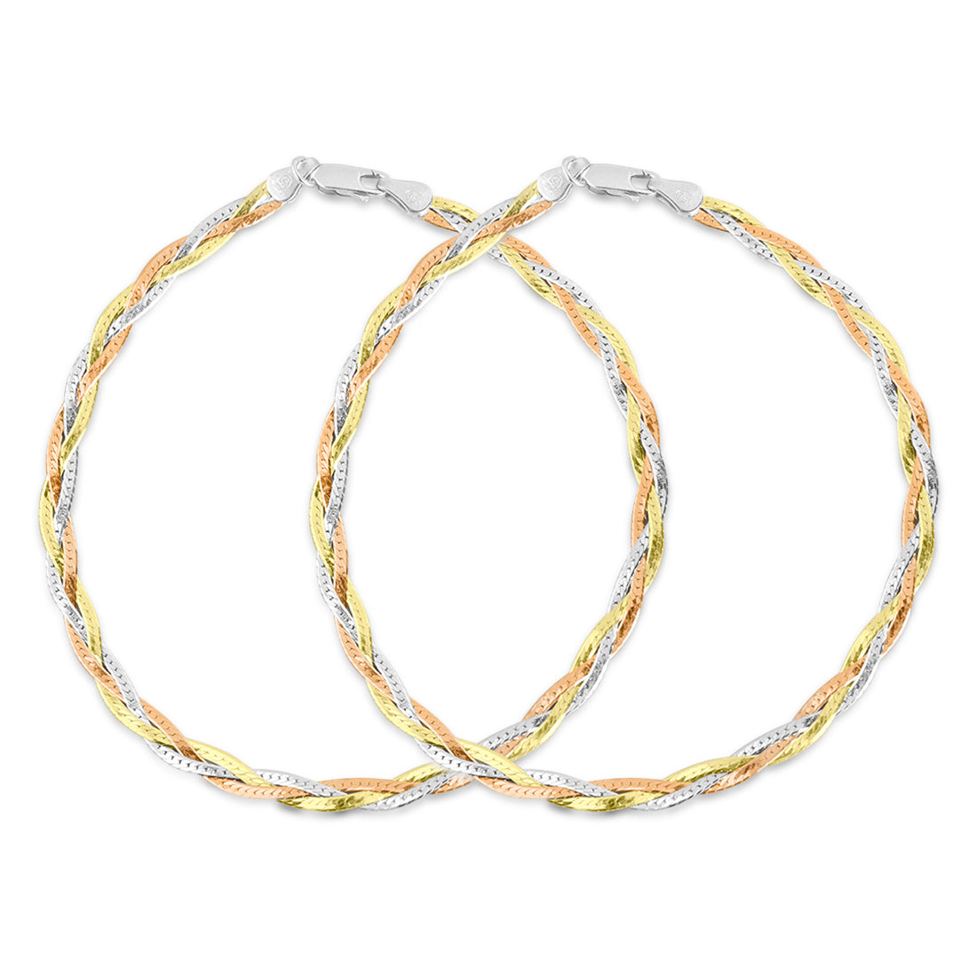 Two braided triple tone 925 Sterling Silver anklets for women with silver, gold & rose gold strands. – Zavya