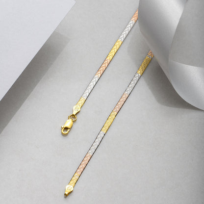 Women's triple tone 925 Sterling Silver anklet with a flat herringbone gold, rose gold & silver chain. – Zavya