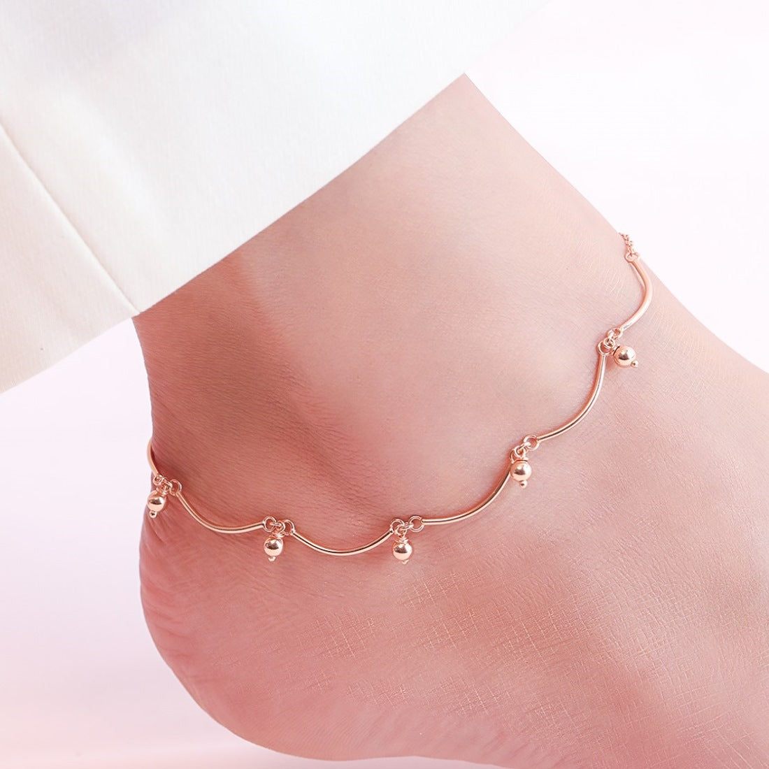 Rose Gold Beaded 925 Sterling Silver Anklet