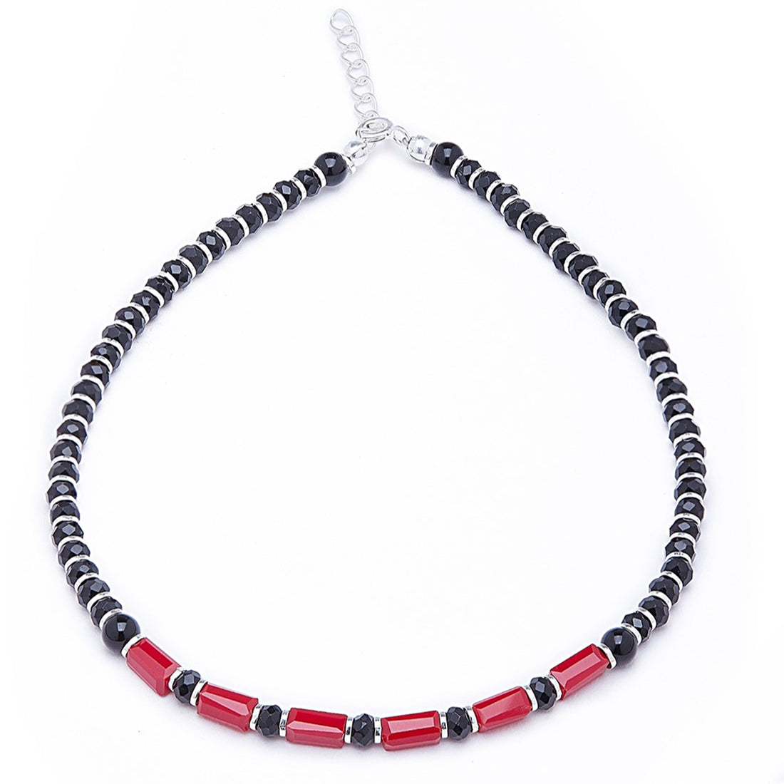 Classic Black & Red Beaded 925 Sterling Silver Anklet