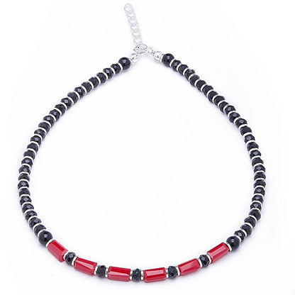 Classic Black & Red Beaded 925 Sterling Silver Anklet