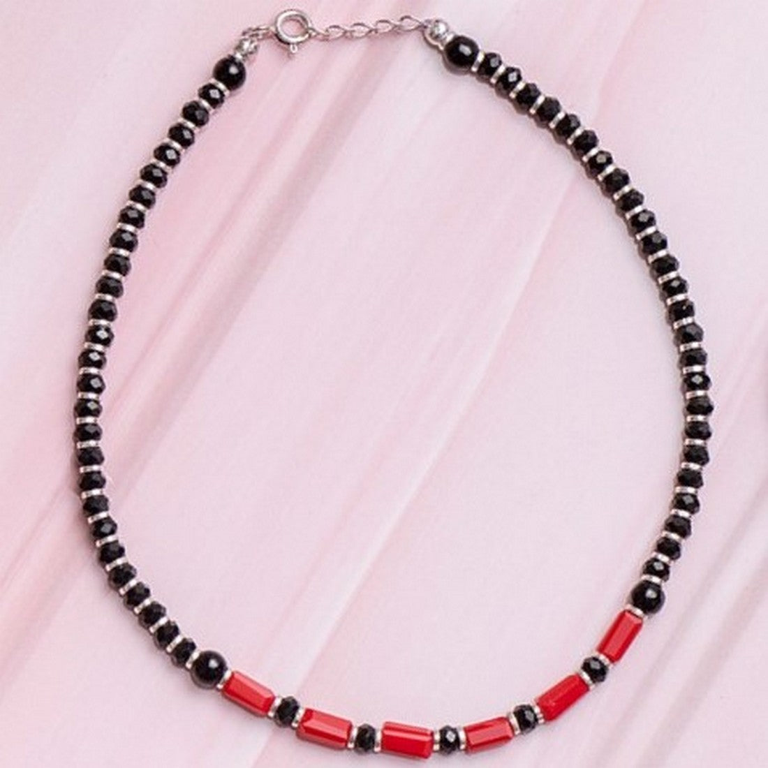 Classic Black & Red Beaded 925 Sterling Silver Anklet