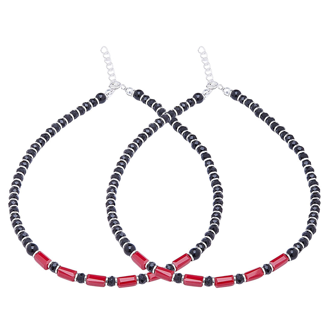 Classic Black & Red Beaded 925 Sterling Silver Anklet