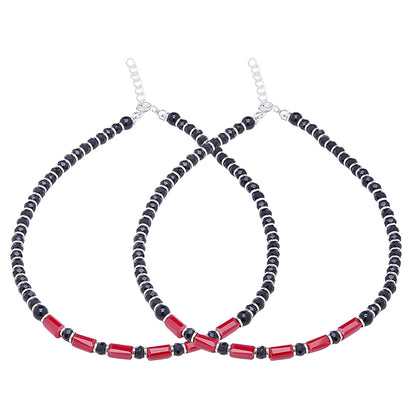 Classic Black & Red Beaded 925 Sterling Silver Anklet