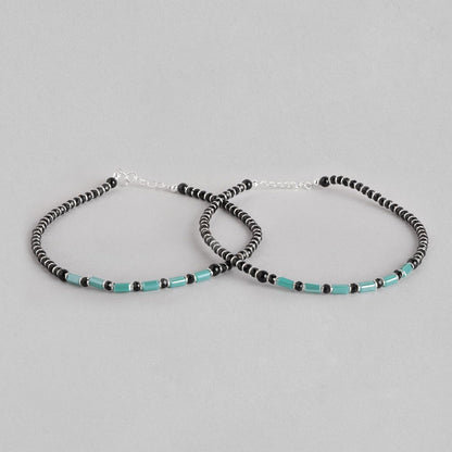 Green Stone & Beads 925 Sterling Silver Anklet