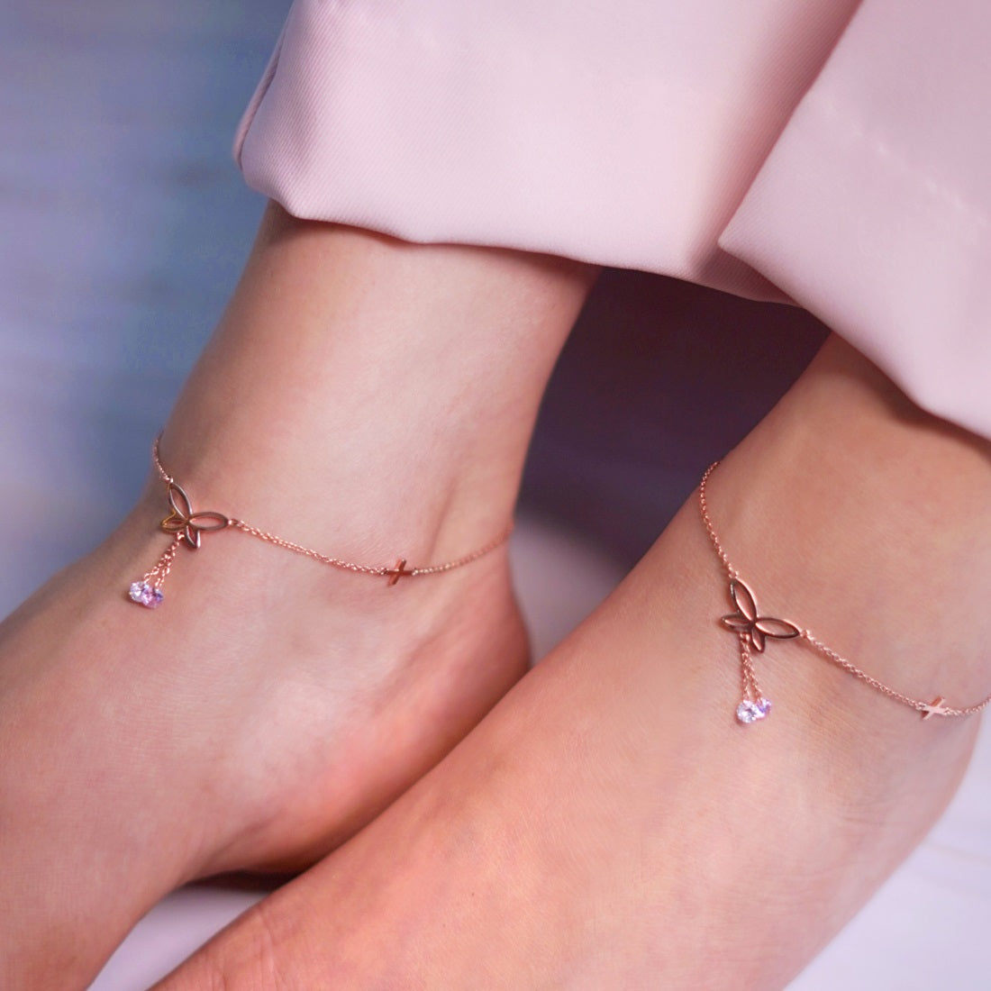 Butterfly Rose Gold Plated 925 Sterling Silver Charm Anklet