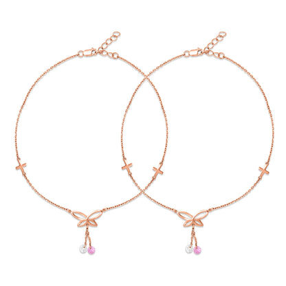 925 Sterling Silver butterfly anklet for women with dangling pink crystals. Elegant ankle jewellery – Zavya