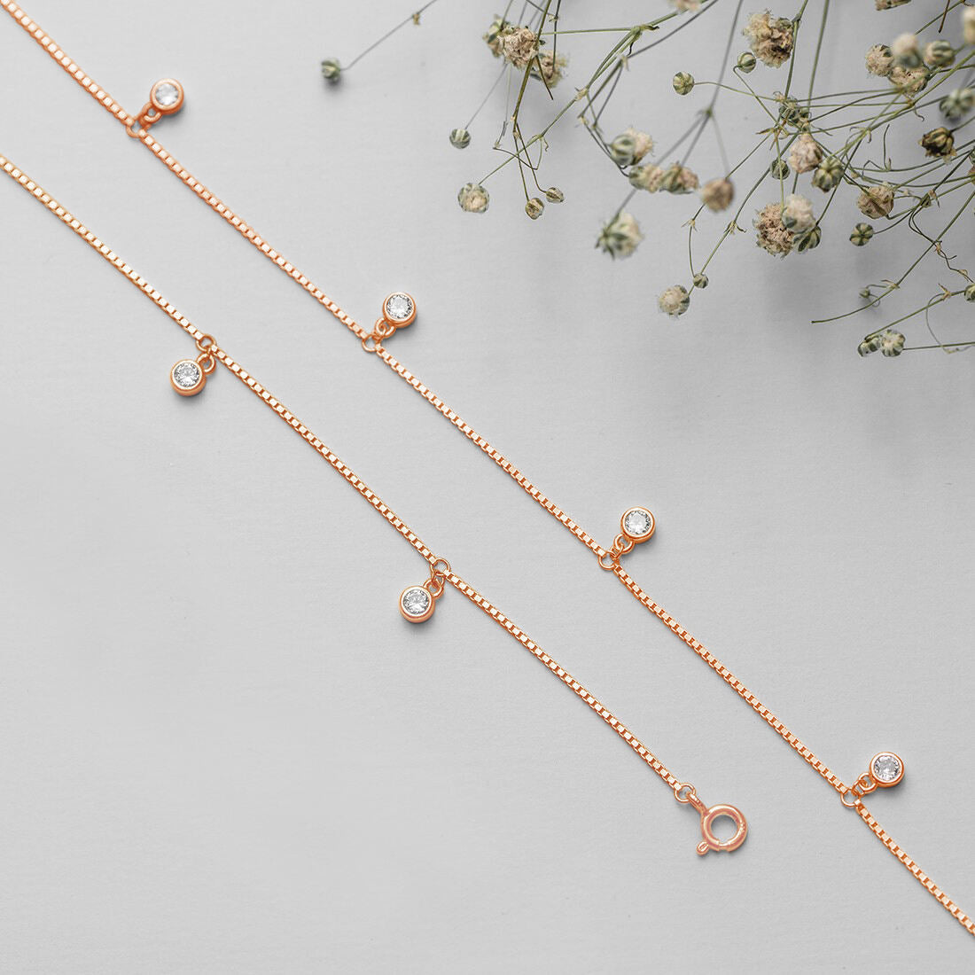 Drop CZ Rose Gold Plated 925 Sterling Silver Anklet
