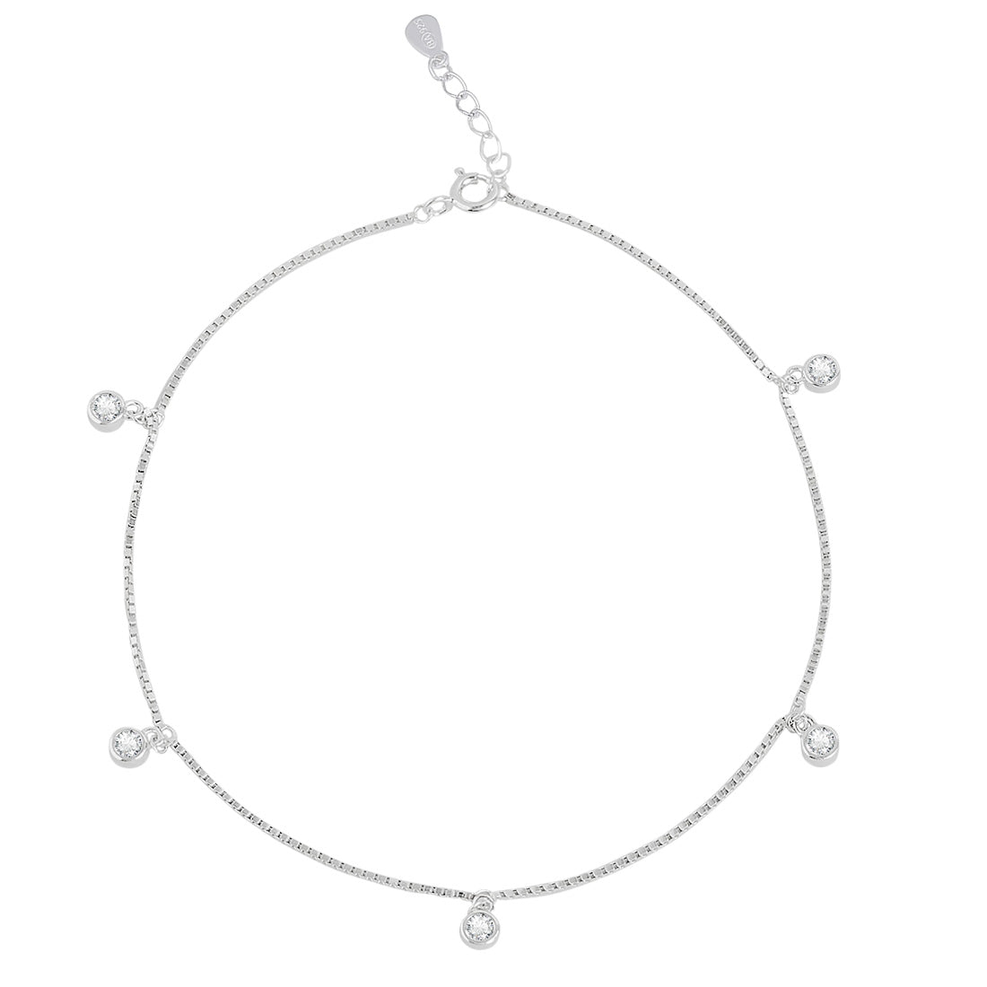 Delicate 925 Sterling Silver anklet for women featuring a chain with dangling CZ drop stones. – Zavya
