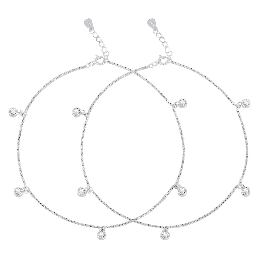 Pair of 925 Sterling Silver anklets for women featuring thin chains and round CZ drop stones – Zavya