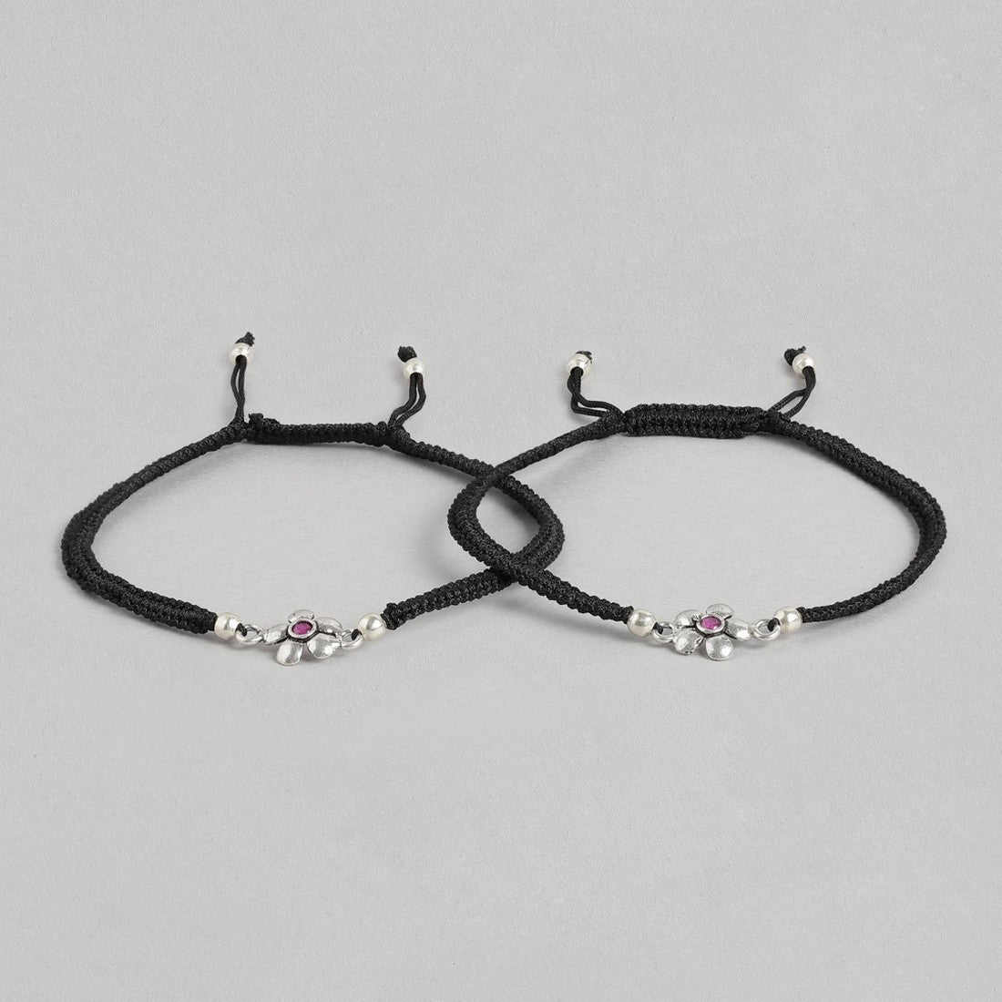 Red Floral Stone Rhodium Plated 925 Sterling Silver Thread Anklet