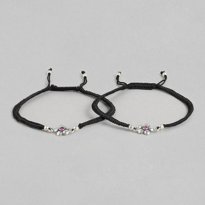 Red Floral Stone Rhodium Plated 925 Sterling Silver Thread Anklet
