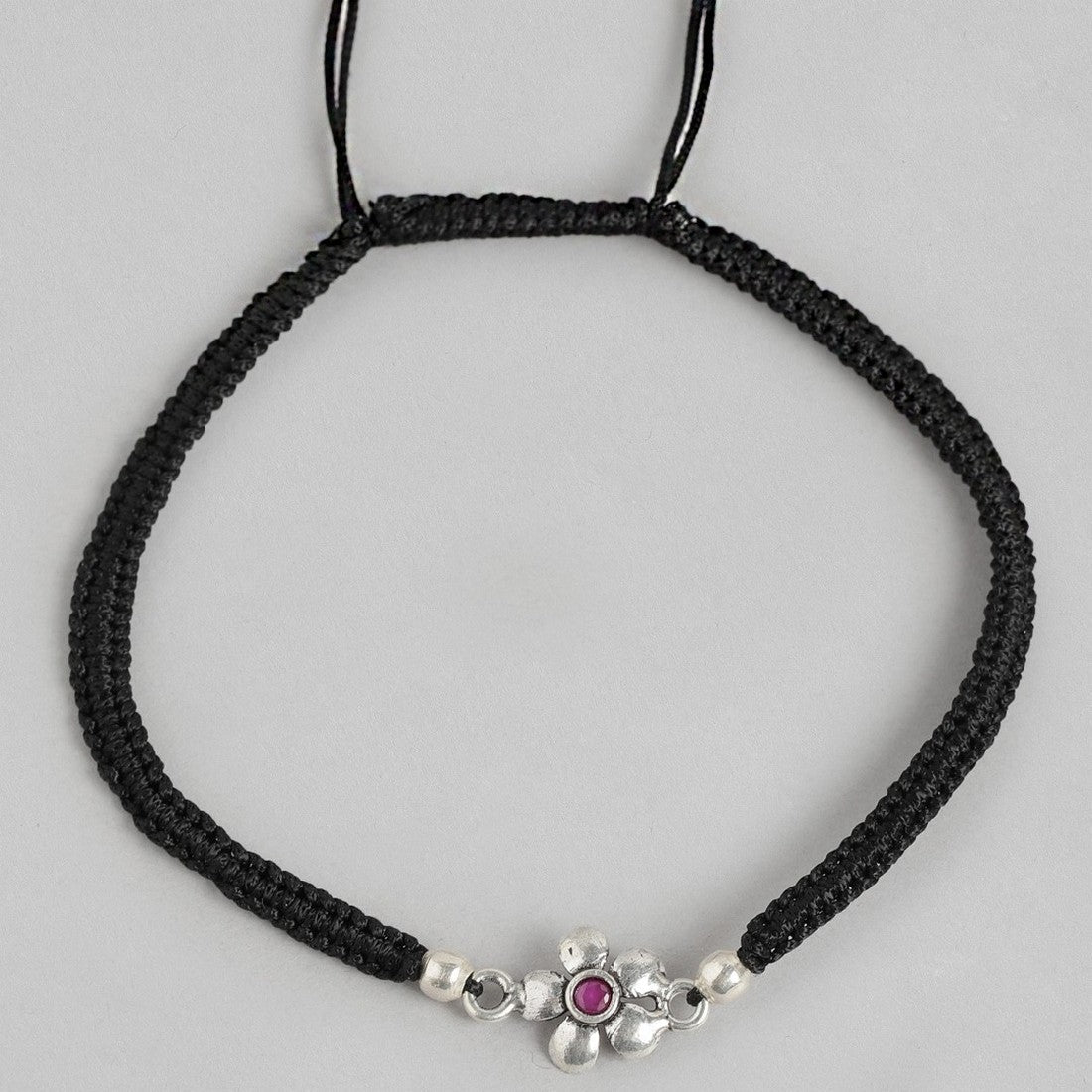 Red Floral Stone Rhodium Plated 925 Sterling Silver Thread Anklet