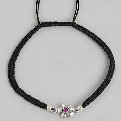 Red Floral Stone Rhodium Plated 925 Sterling Silver Thread Anklet