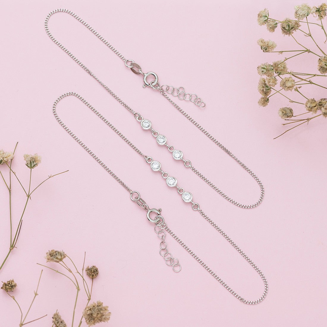 Triple CZ 925 Sterling Silver Chain Anklets