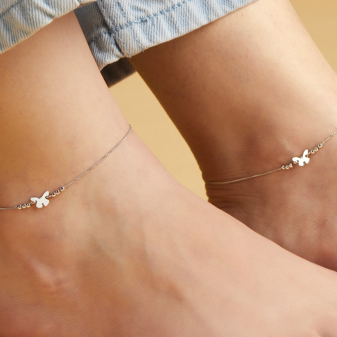 925 Sterling Silver Minimalistic Butterfly Rhodium Plated 925 Sterling Silver Anklets for Women – Zavya