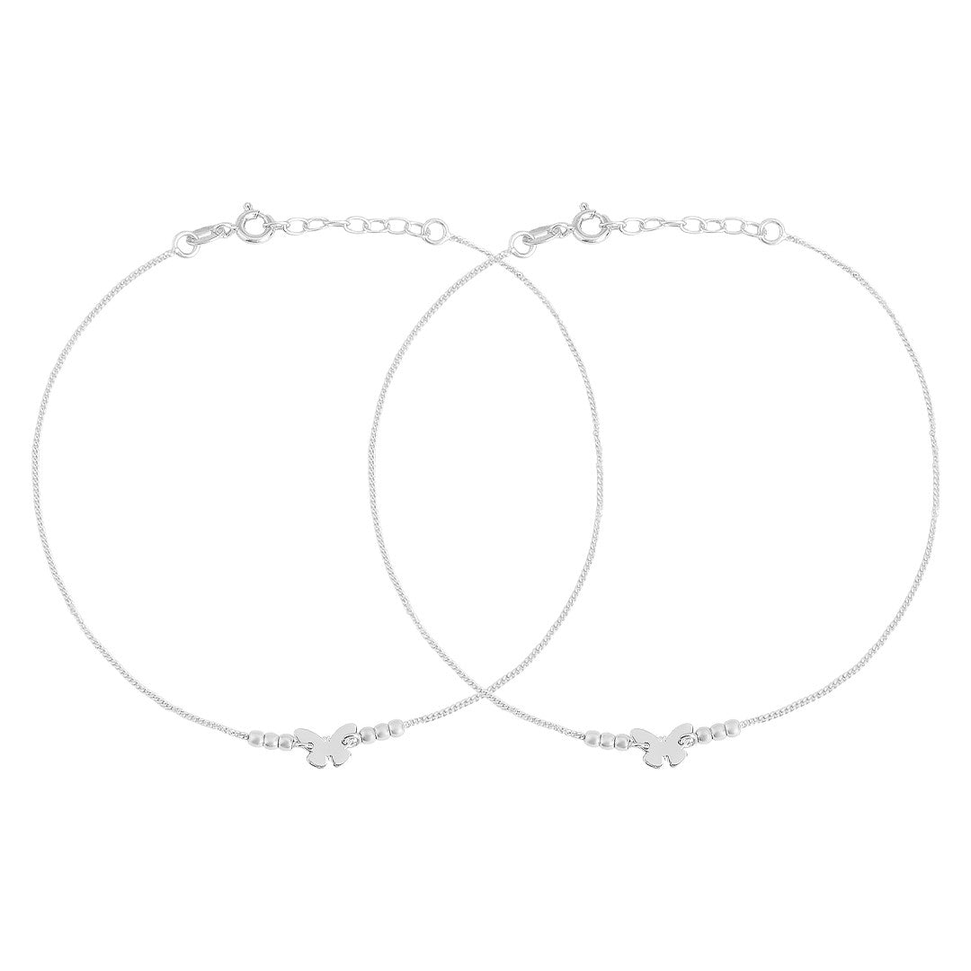 Pair of delicate women's 925 Sterling Silver anklets with minimalist butterfly charms and silver beads – Zavya