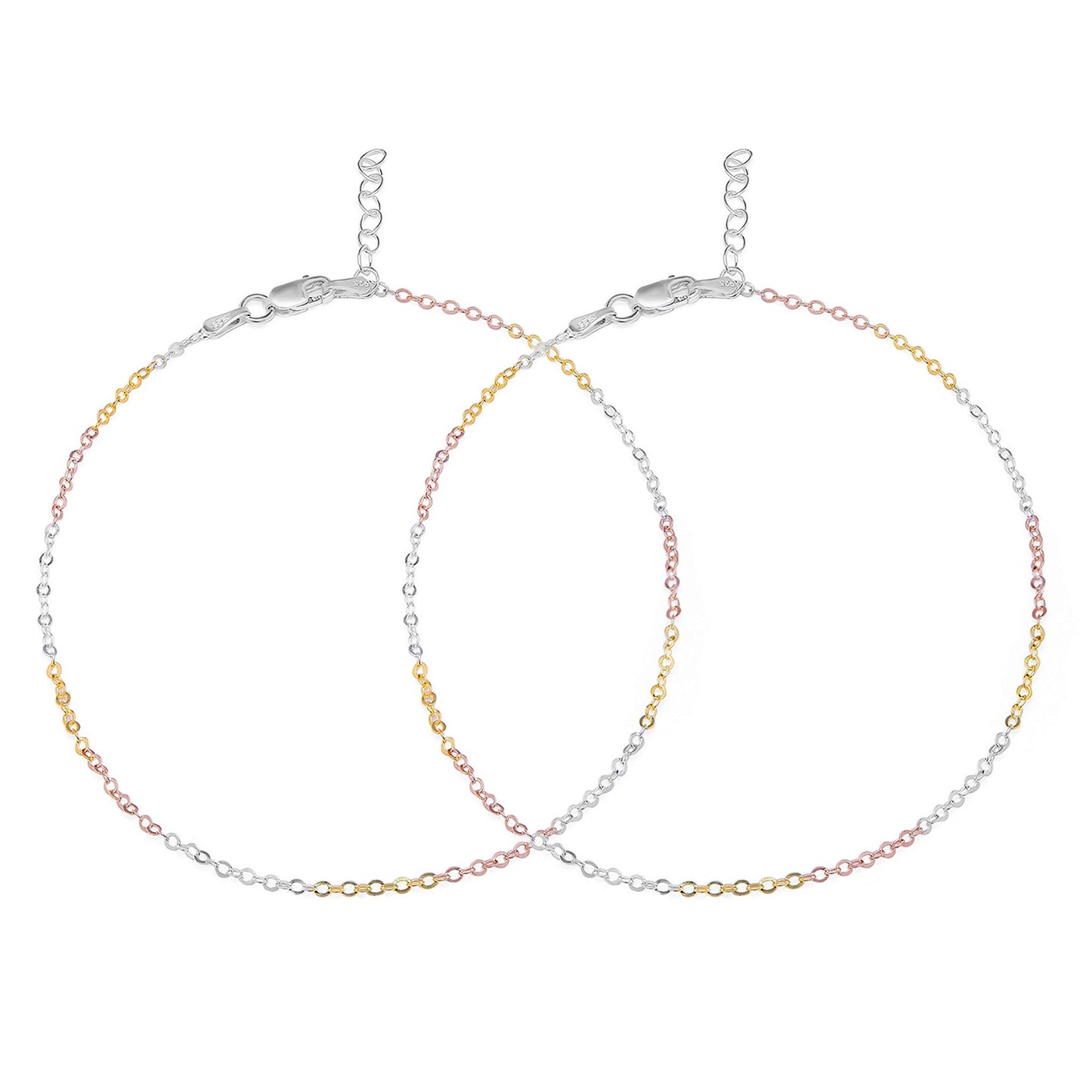 Two women's trendy triple tone 925 Sterling Silver cable chain anklets in silver, gold, and rose gold. – Zavya